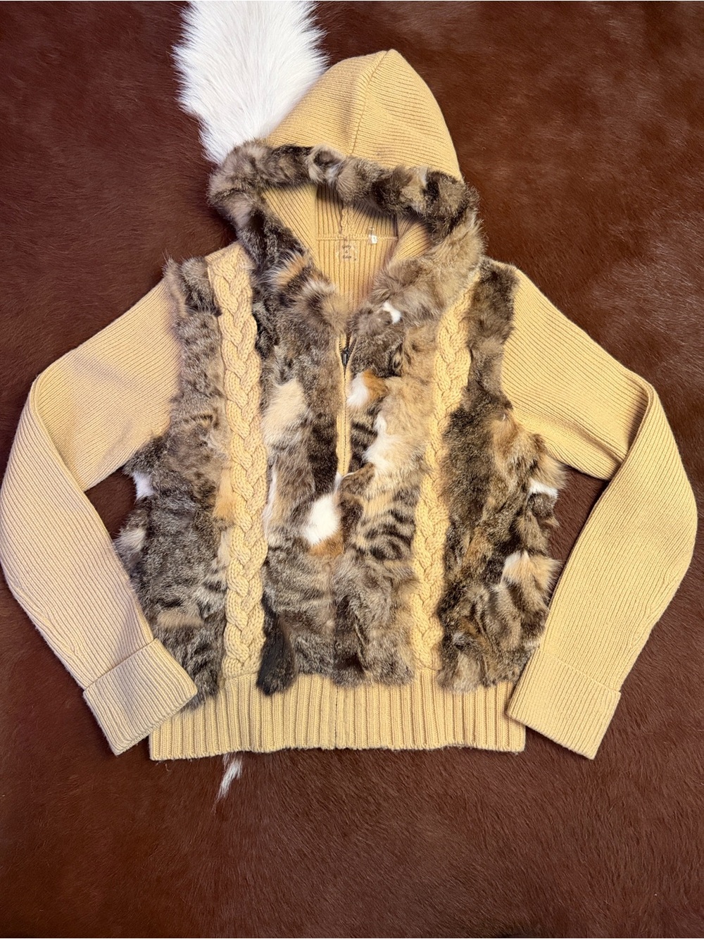 Gaby & Eden Full-Zip Hooded Sweater Jacket Cream with Genuine Rabbit Fur